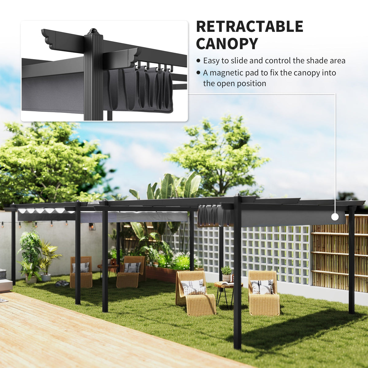 Outsunny 13' x 13' Aluminum Retractable Pergola Canopy, for Garden Patio Backyard Deck, Gray - 84C-567V00GY