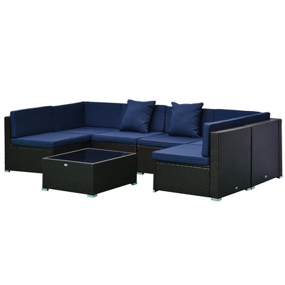 Outsunny 7-Piece PE Rattan Outdoor Sectional Sofa Set with Cushions, Coffee Table &amp; Pillows, Dark Blue - 860-020V01BU