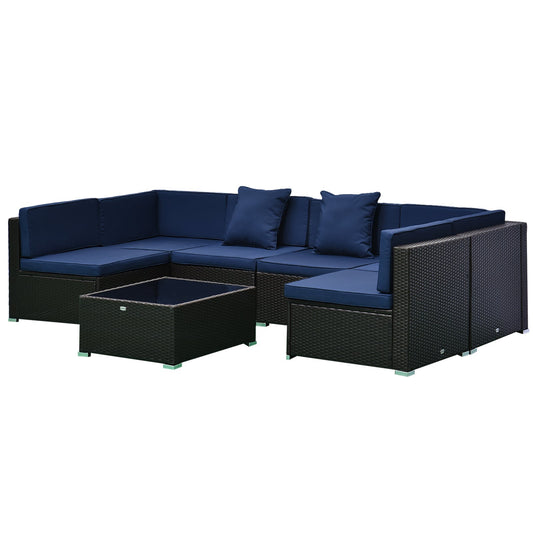 Outsunny 7-Piece PE Rattan Outdoor Sectional Sofa Set with Cushions, Coffee Table &amp; Pillows, Dark Blue - 860-020V01BU
