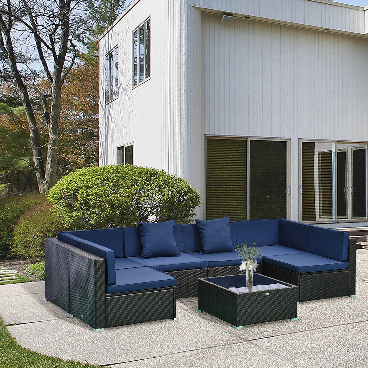 Outsunny 7-Piece PE Rattan Outdoor Sectional Sofa Set with Cushions, Coffee Table &amp; Pillows, Dark Blue - 860-020V01BU