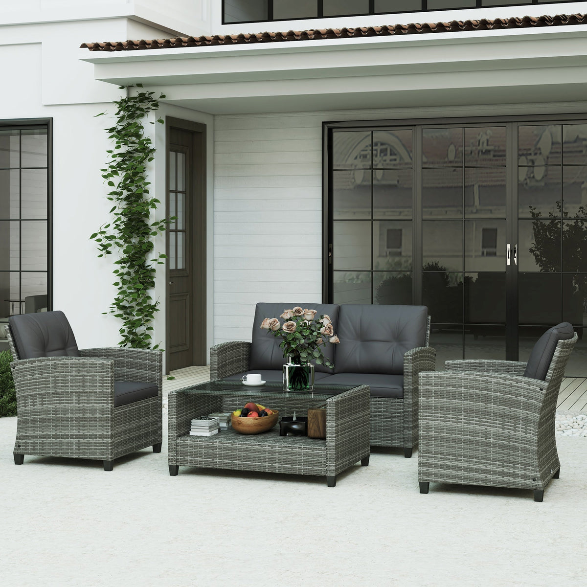 Outsunny 4-Piece PE Wicker Patio Set with Two-tier Coffee Table & Cushions, Charcoal - 860-117V01TN