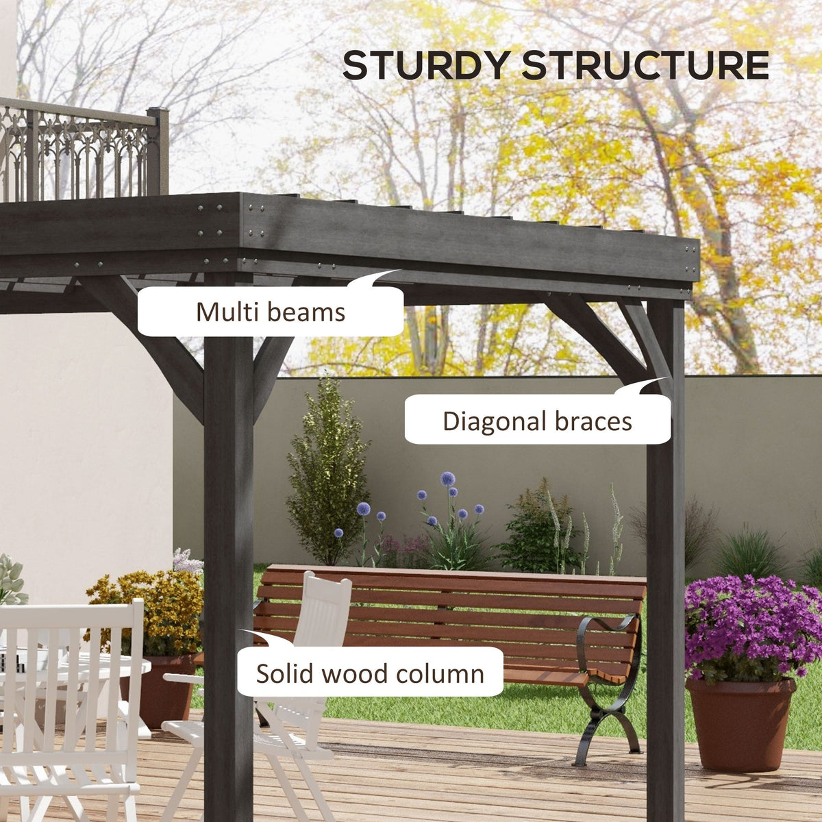 Outsunny 10' x 12' Wooden Pergola, Grape Vine Gazebo, Concrete Anchors, Garden, Patio, Backyard, Deck, Gray - 84C-416V00GY