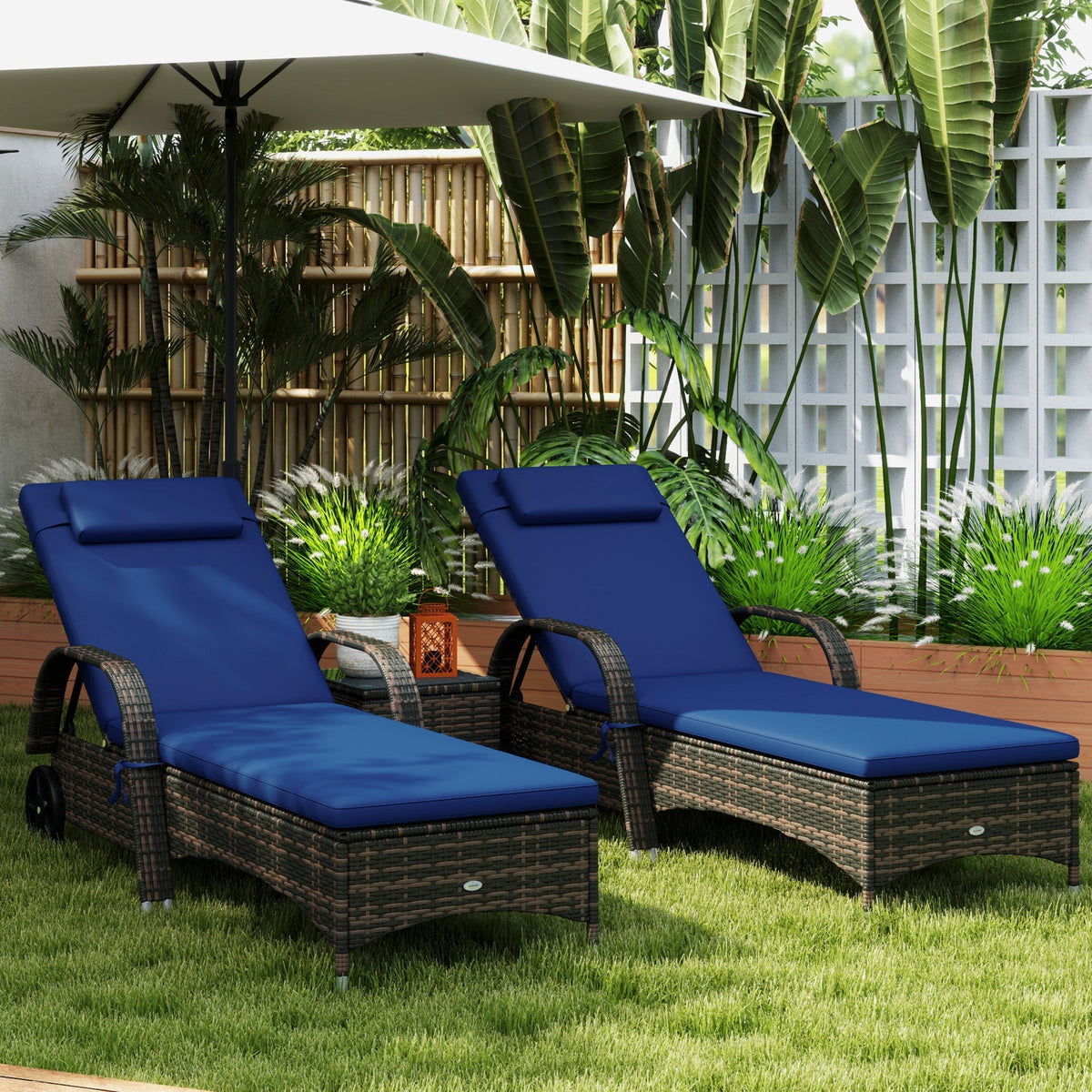Outsunny 3-Piece Wicker Chaise Lounge Chair Set with Side Table, 5-Level Adjustable Backrest, Dark Blue - 862-011V01DB