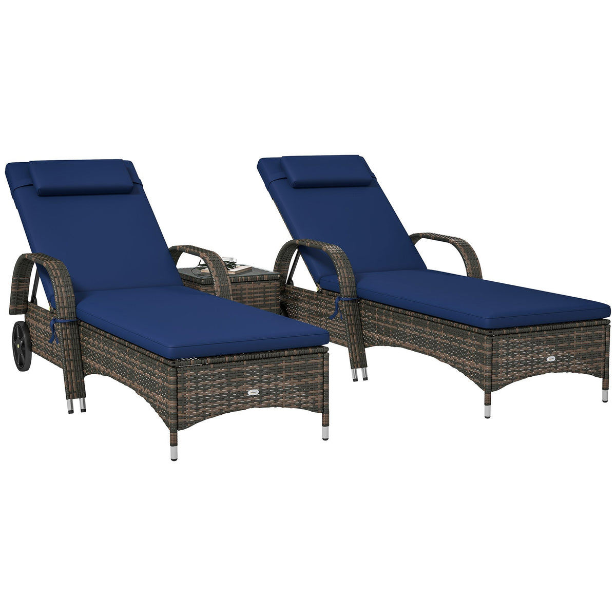 Outsunny 3-Piece Wicker Chaise Lounge Chair Set with Side Table, 5-Level Adjustable Backrest, Dark Blue - 862-011V01DB