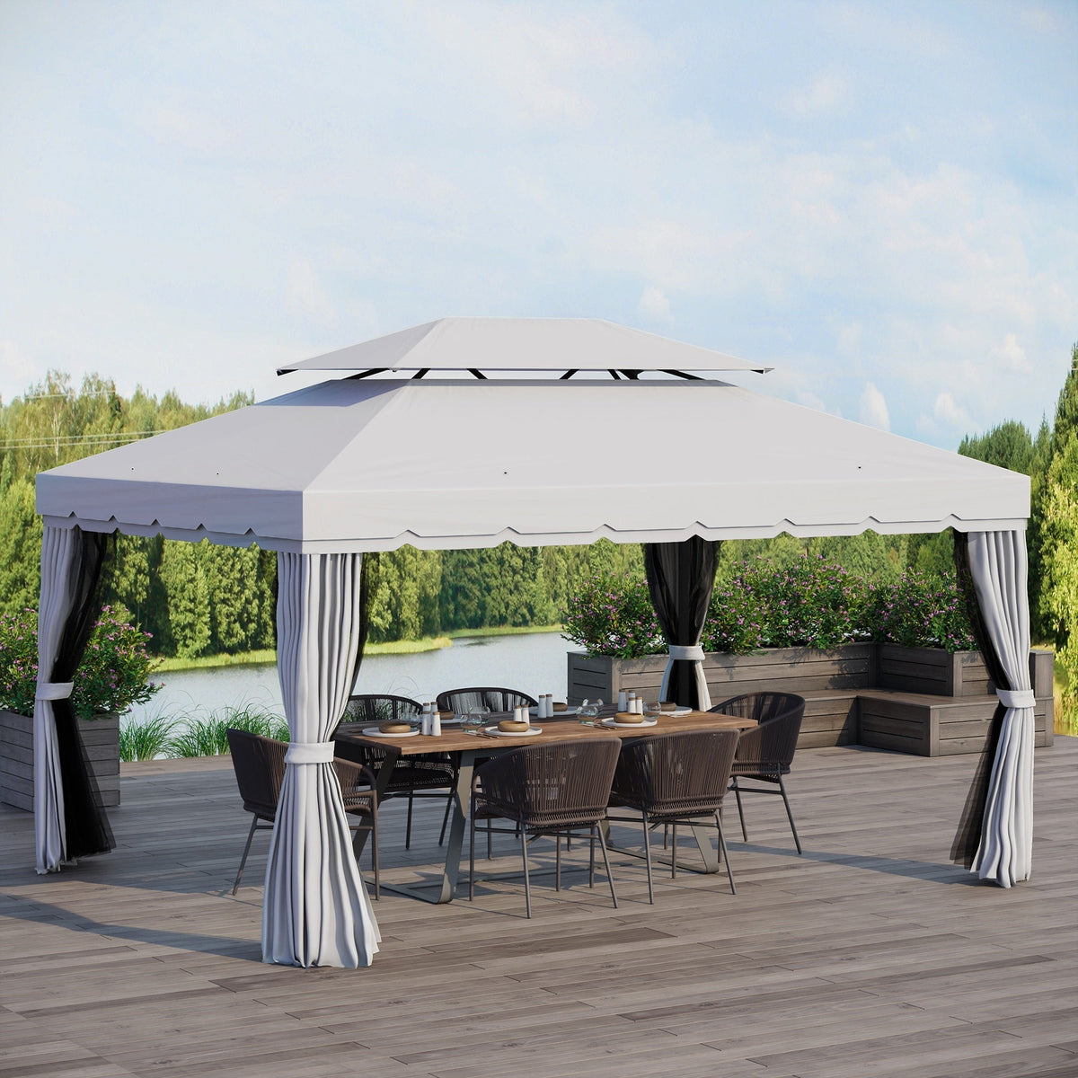 Outsunny 10' x 13' Patio Gazebo with Aluminum Frame, Double Roof, Netting & Light Gray Curtains - 84C-101