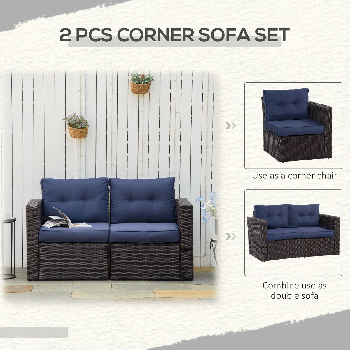 Outsunny 2-Piece Patio Corner Sofa Set with Curved Armrests &amp; Padded Cushions, Dark Blue - 860-204DB
