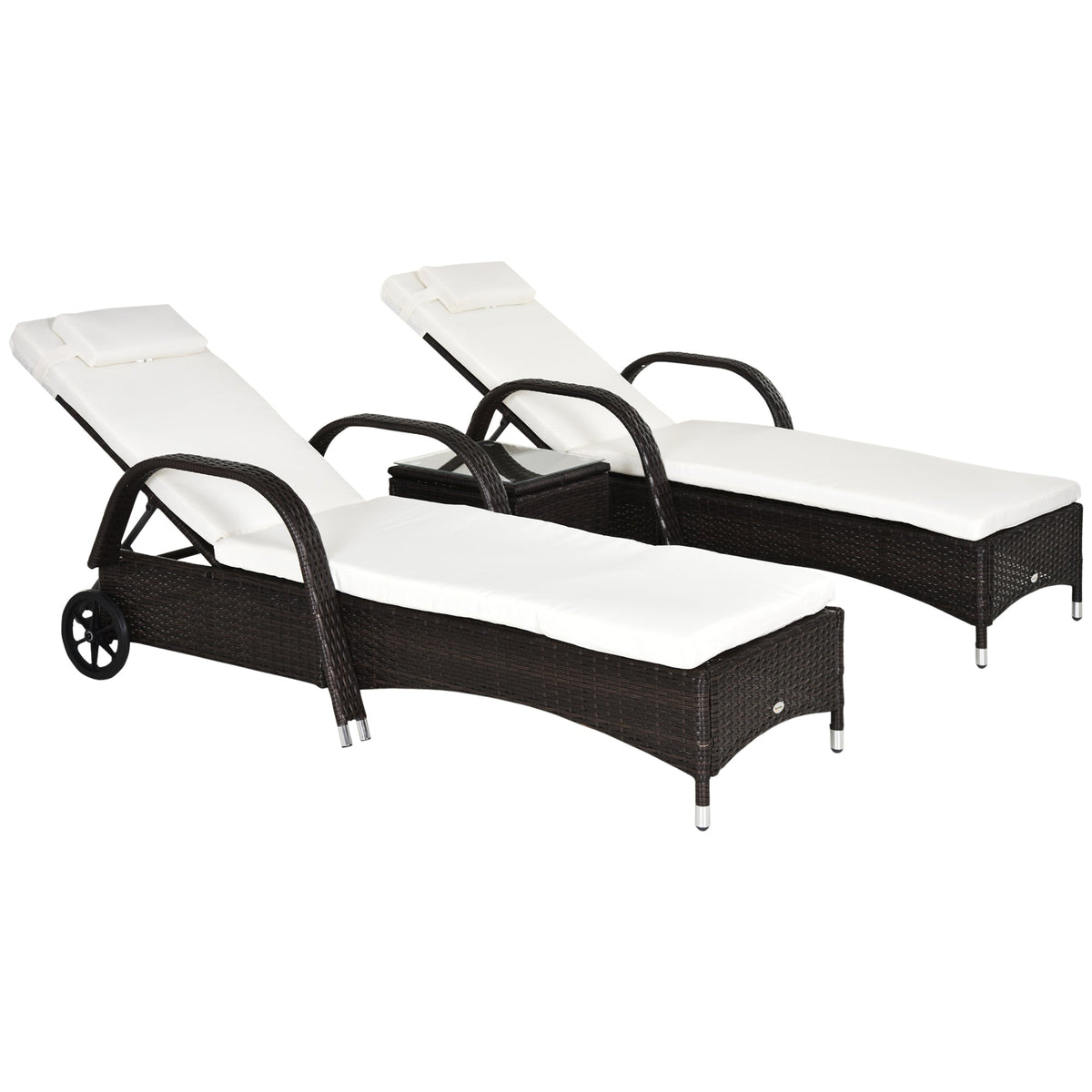Outsunny 3-Piece Patio Chaise Lounge Chair with Table, 5-Level Adjustable Backrest & Wheels, Brown - 862-011BN