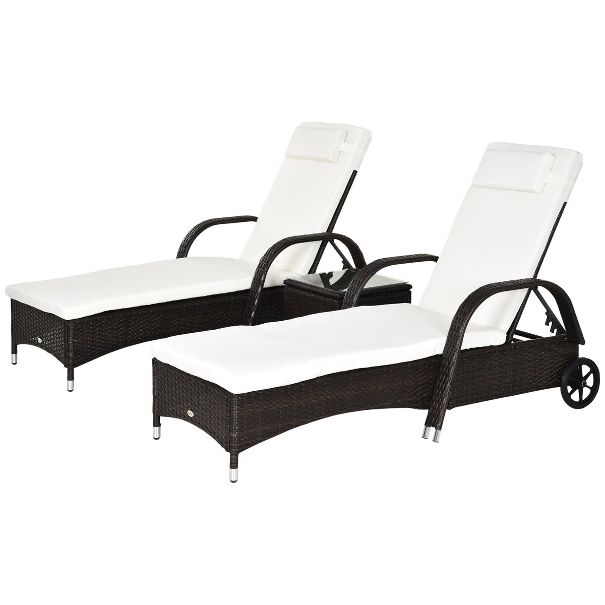 Outsunny 3-Piece Patio Chaise Lounge Chair with Table, 5-Level Adjustable Backrest & Wheels, Brown - 862-011BN