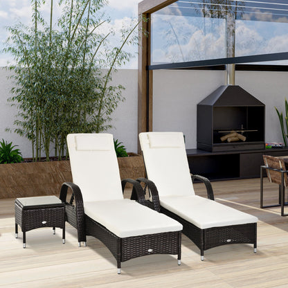 Outsunny 3-Piece Patio Chaise Lounge Chair with Table, 5-Level Adjustable Backrest & Wheels, Brown - 862-011BN