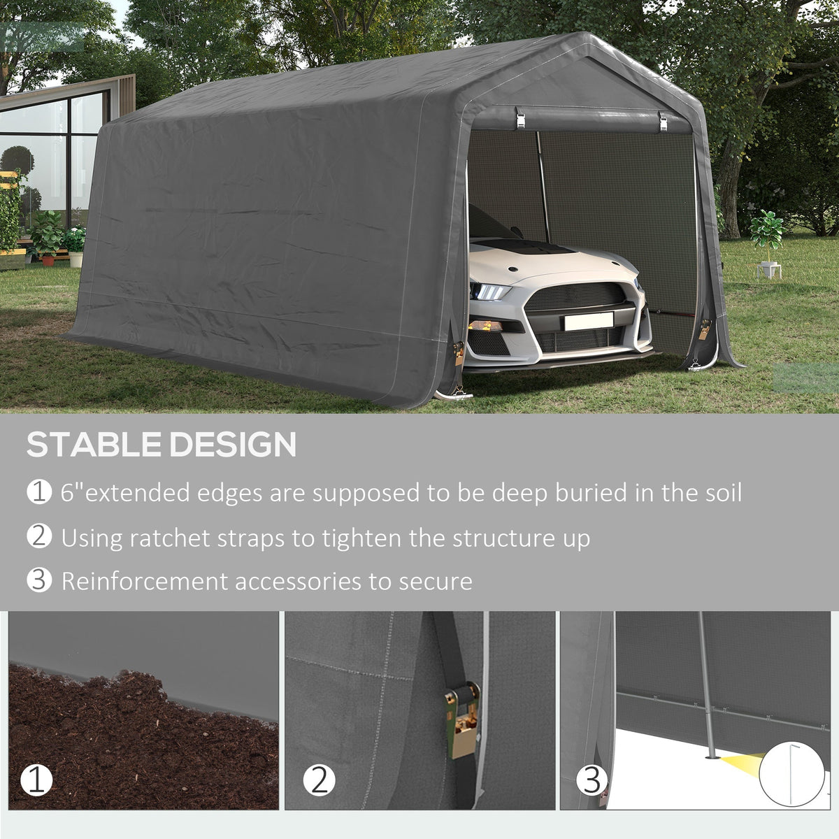 Outsunny 10' x 20' Portable Carport, Heavy-Duty Storage Tent, Anti-UV PE Cover, Double Zipper Doors, Gray - 84C-380V00GY