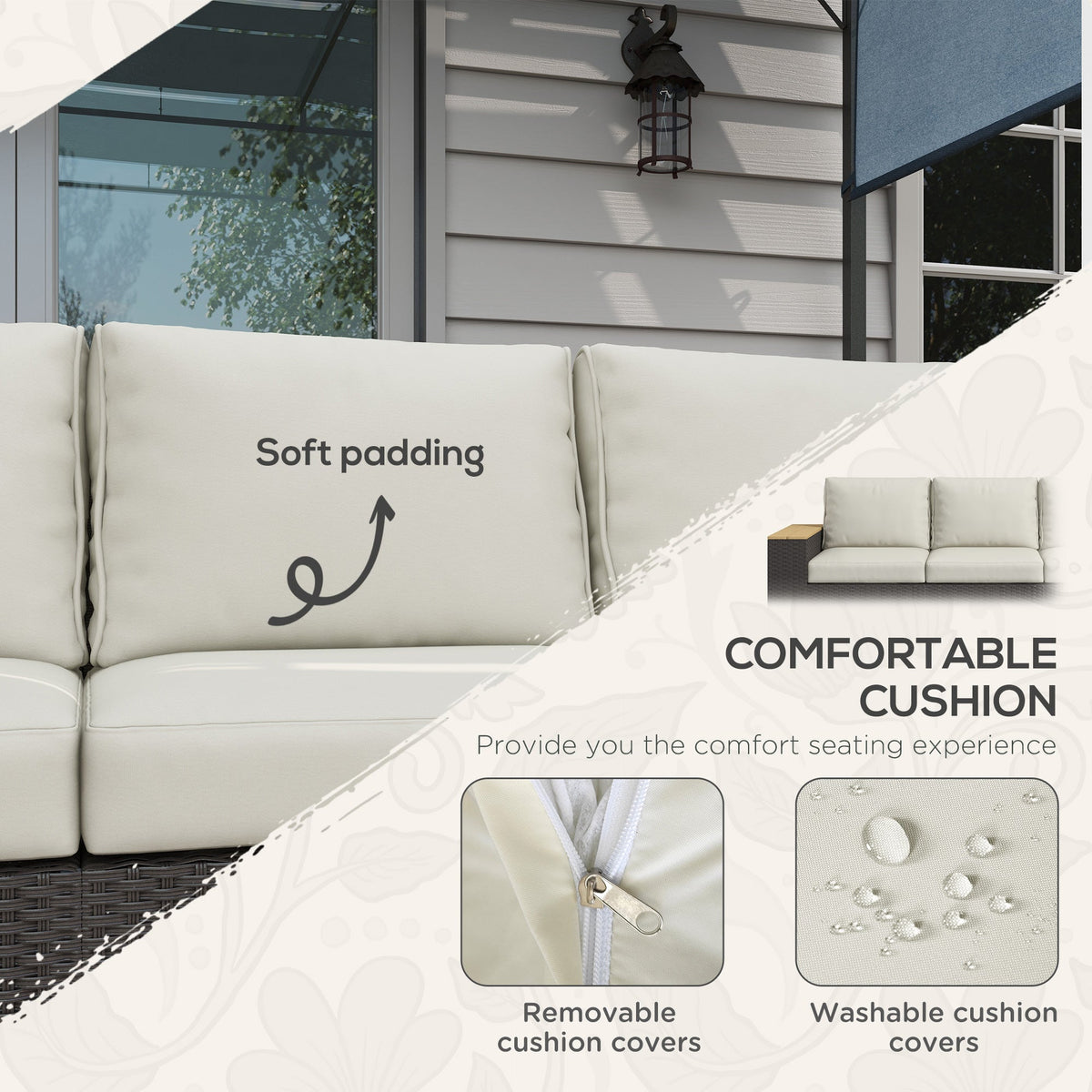 Outsunny 3-Seat Outdoor PE Wicker Sofa with Cushions, Wide Armrests, Beige - 860-304V00BN
