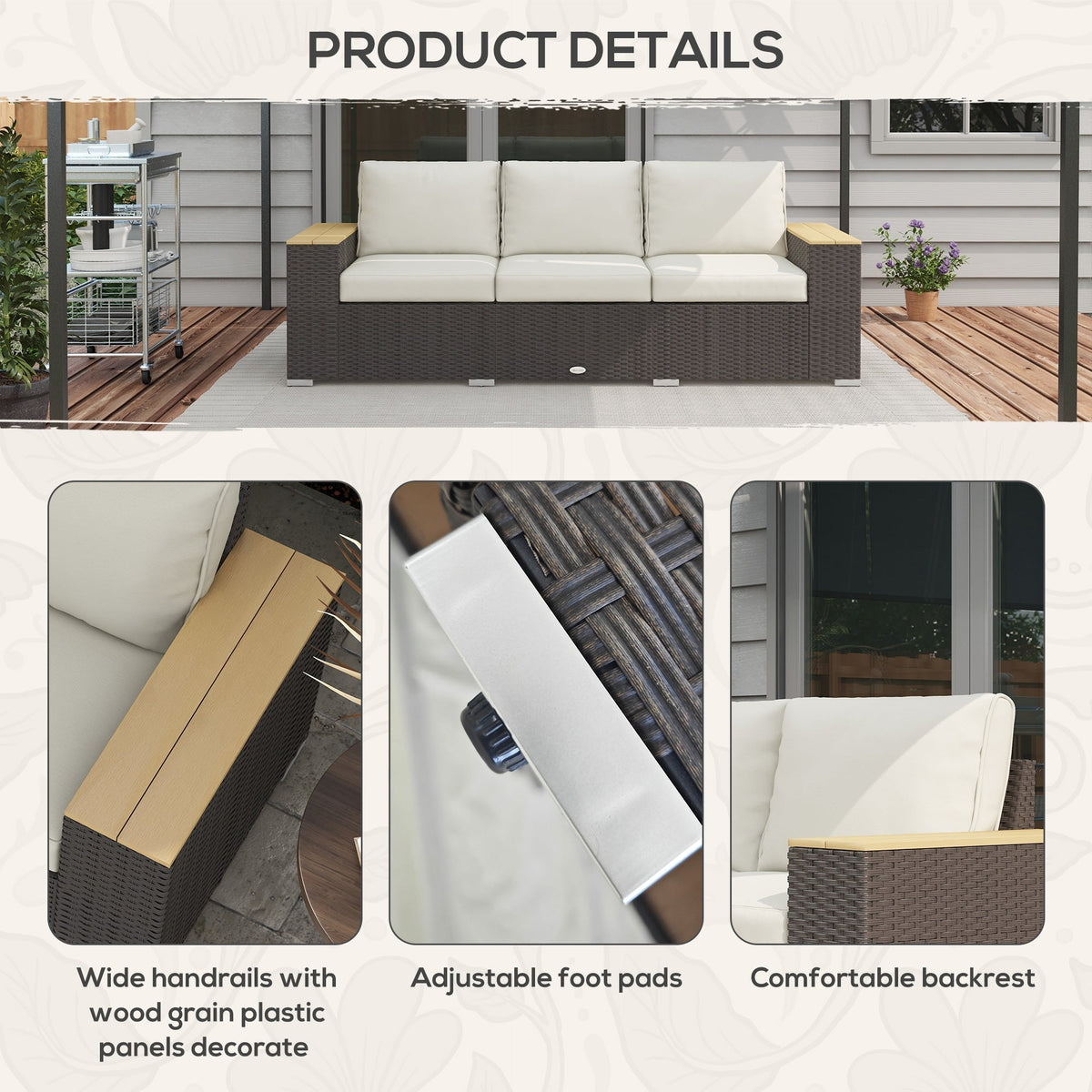 Outsunny 3-Seat Outdoor PE Wicker Sofa with Cushions, Wide Armrests, Beige - 860-304V00BN
