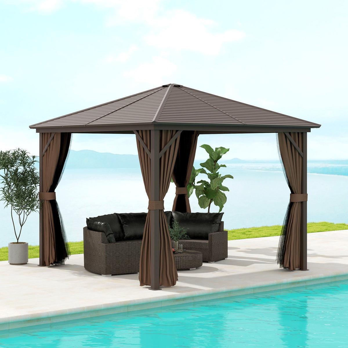 Outsunny 10' x 10' Hardtop Gazebo with Aluminum Frame & Curtains, Dark Brown - 84C-094V03DR
