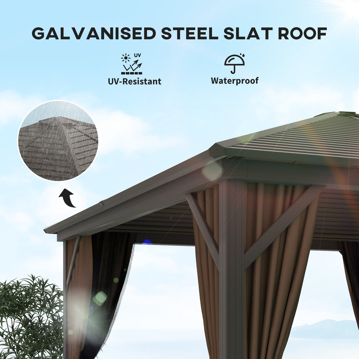 Outsunny 10' x 10' Hardtop Gazebo with Aluminum Frame & Curtains, Dark Brown - 84C-094V03DR