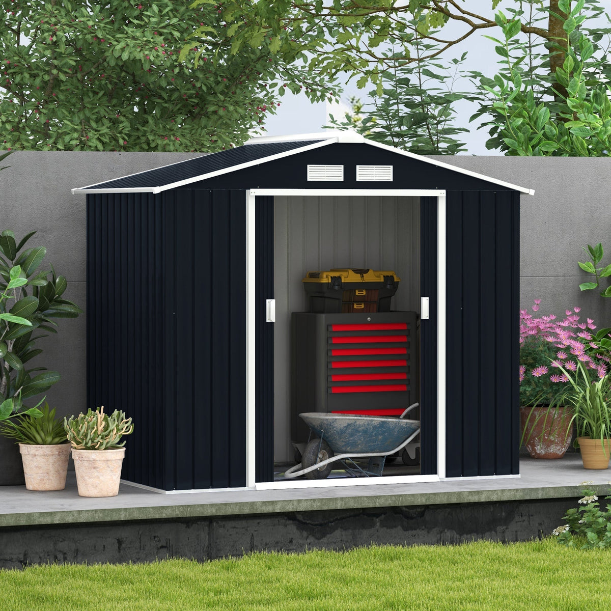 Outsunny EverBase 7' x 4' Outdoor Storage Shed with Foundation Kit, Double Lockable Door & Air Vents, Dark Gray - 845-030CG