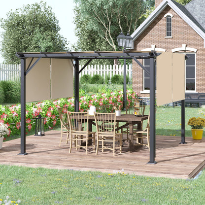 Outsunny 12' x 10' Retractable Pergola Canopy, Sun Shade, Unique Design, Metal Shelter, Beige - 84C-242V01