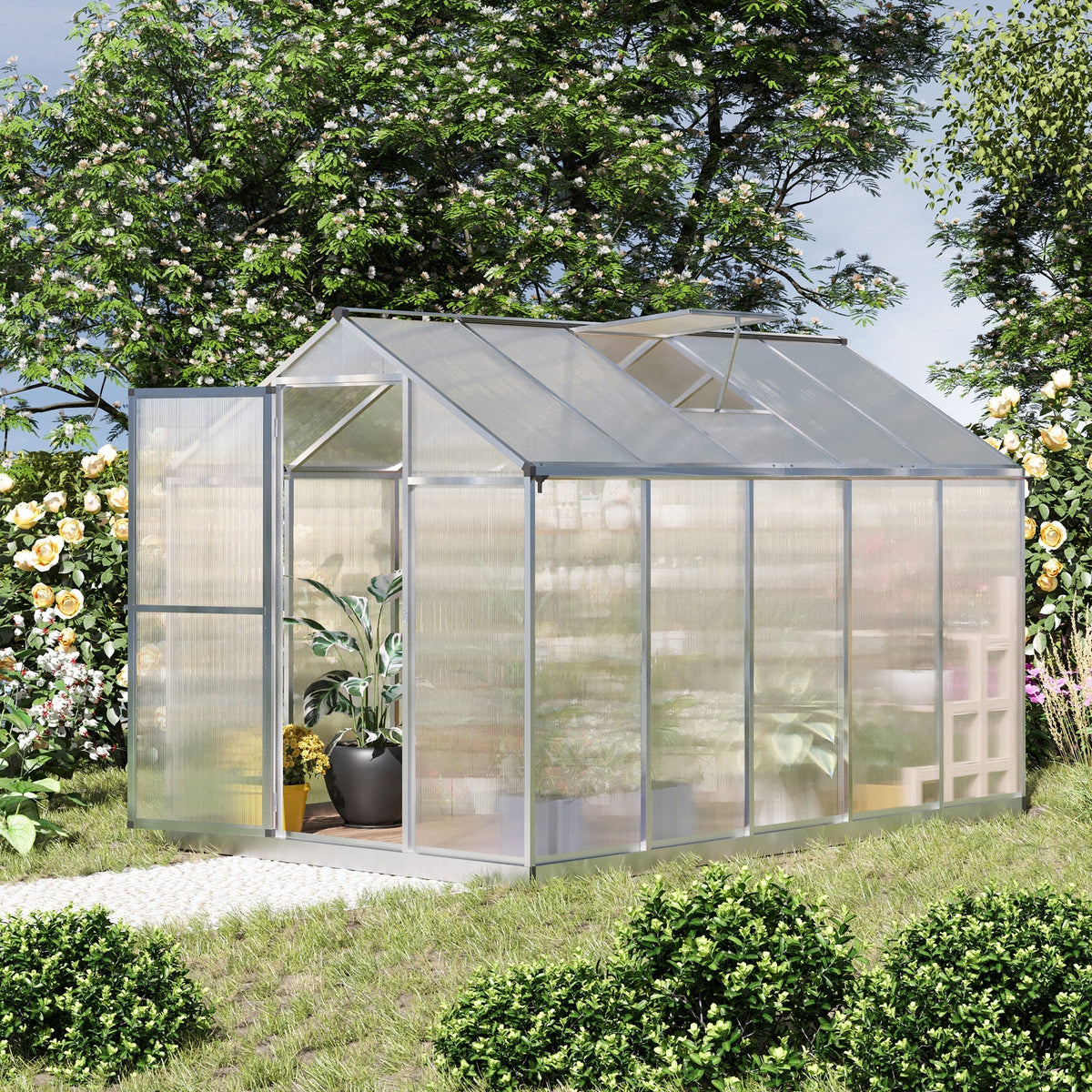 Outsunny 10' x 6' Polycarbonate Greenhouse with Rain Gutter and Roof Vent, Aluminum Frame, Silver - 845-243V02