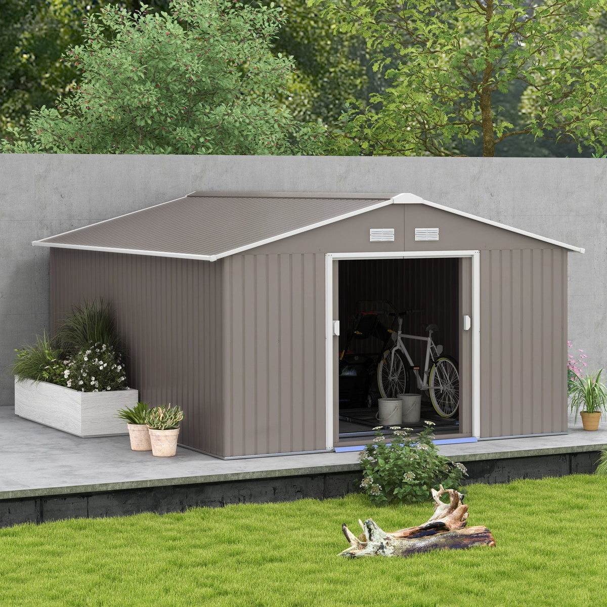Outsunny EverBase 11' x 13' Outdoor Storage Shed with Double Lockable Door & Air Vents, Light Gray - 845-031V01LG