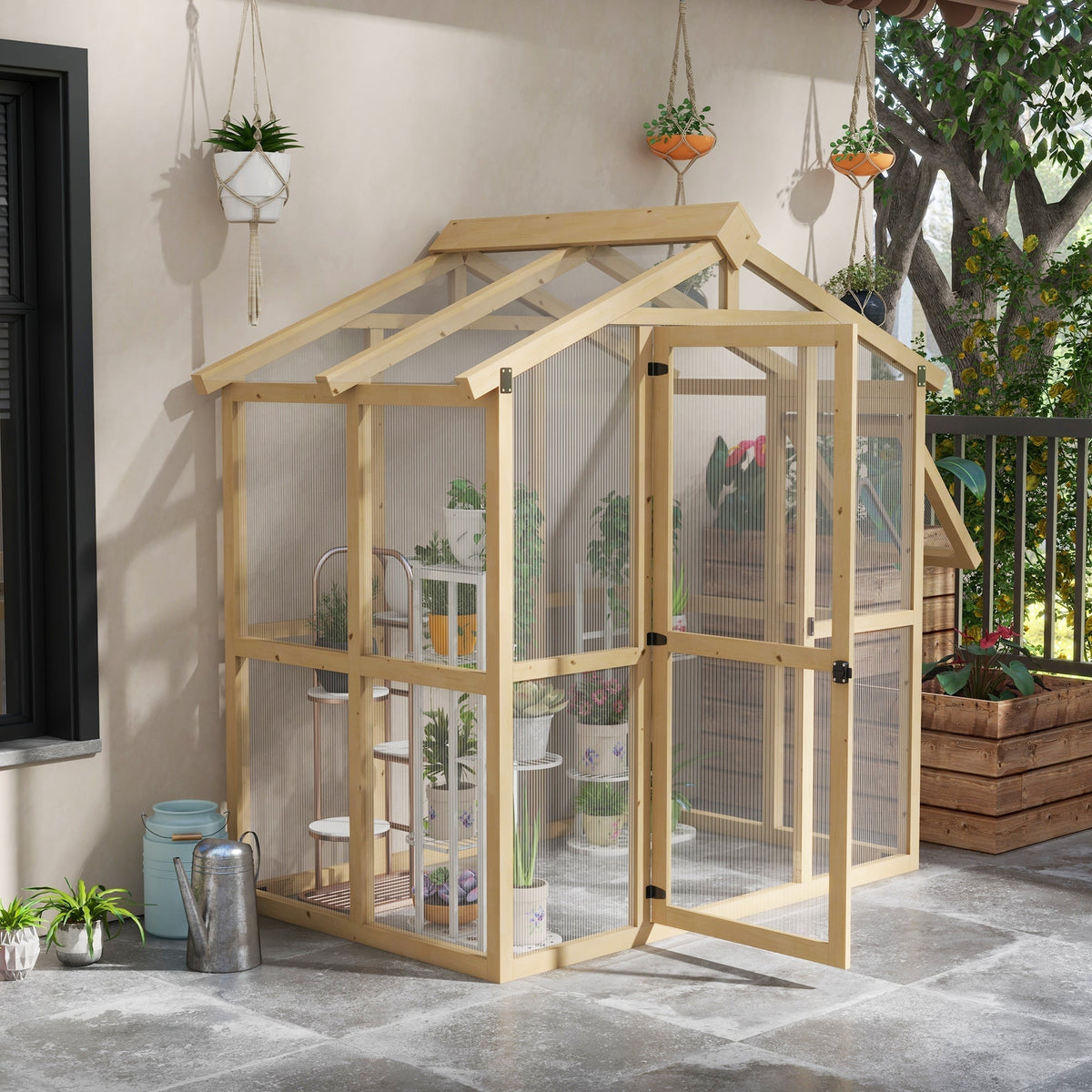 Outsunny 6.5' x 4' x 6.7' Outdoor Greenhouse with Wood Frame, Automatic Temperature Window and Lockable Door - 84H-020V00ND