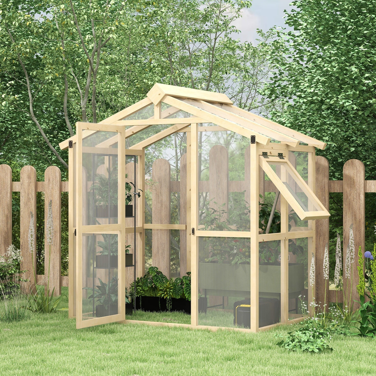 Outsunny 6.5' x 4' x 6.7' Outdoor Greenhouse with Wood Frame, Automatic Temperature Window and Lockable Door - 84H-020V00ND