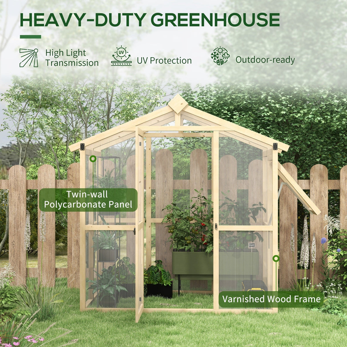 Outsunny 6.5' x 4' x 6.7' Outdoor Greenhouse with Wood Frame, Automatic Temperature Window and Lockable Door - 84H-020V00ND