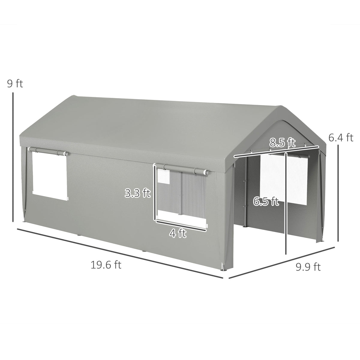 Outsunny 10' x 20' Heavy Duty Portable Garage with 4 Mesh Windows & 2 Doors, Gray - 84C-523V00GY