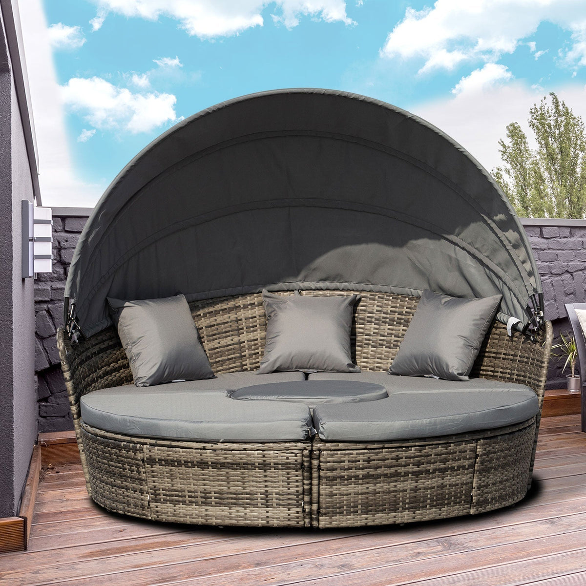 Outsunny 4-Piece Round Convertible Daybed with Adjustable Canopy, Sectional Sofa, 2 Chairs, Table, Dark Gray - 862-021CG