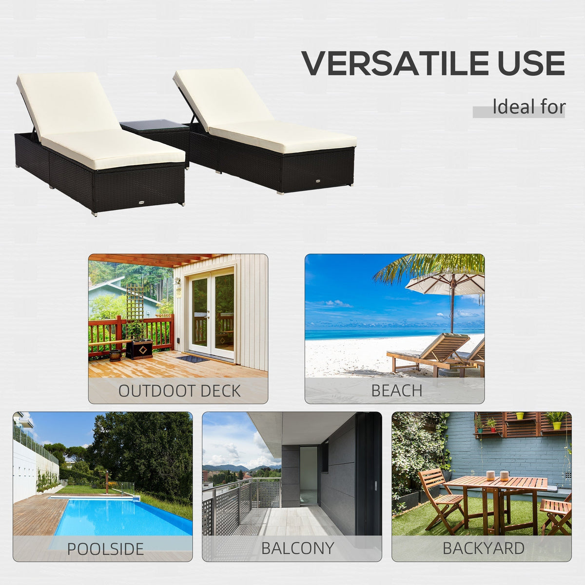 Outsunny Pool Lounge Chairs Set of 2, w/5 Angle Backrest, Table, Water Repellent Cushions, Cream White - 862-009