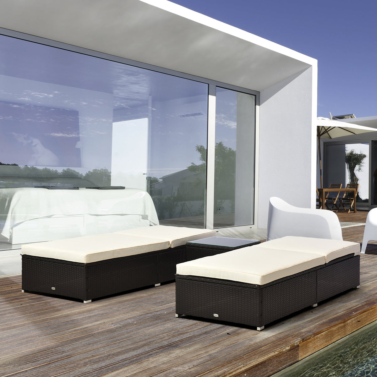 Outsunny Pool Lounge Chairs Set of 2, w/5 Angle Backrest, Table, Water Repellent Cushions, Cream White - 862-009