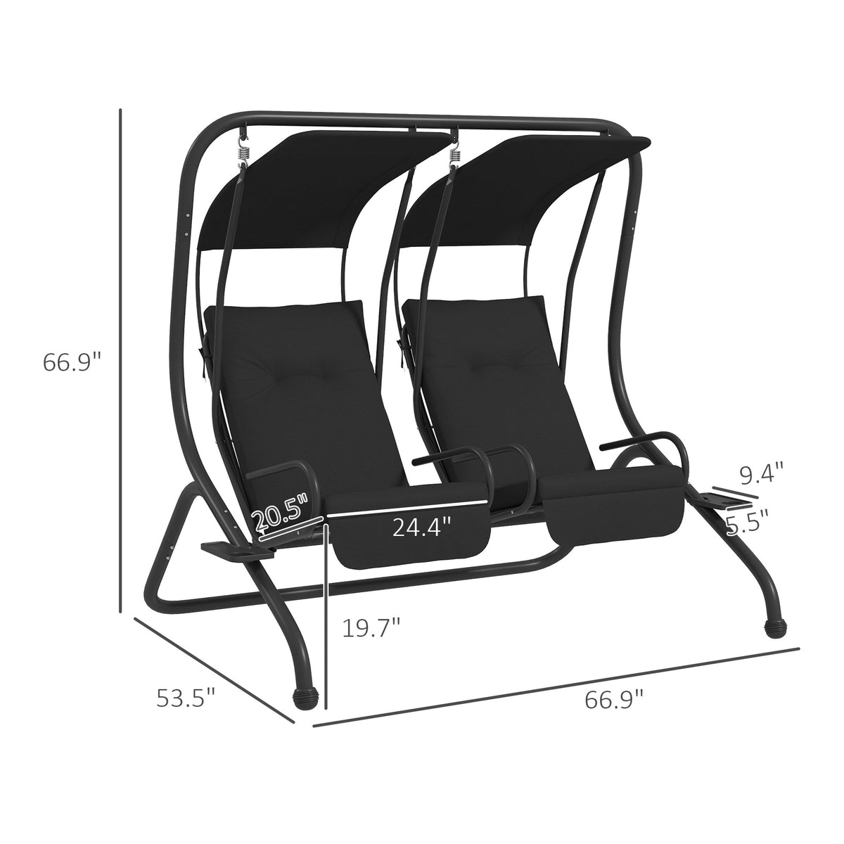 Outsunny 2-Person Outdoor Porch Swing with Solid Steel Frame & Cup Holders for Backyard, Garden, Black - 84A-052V03BK