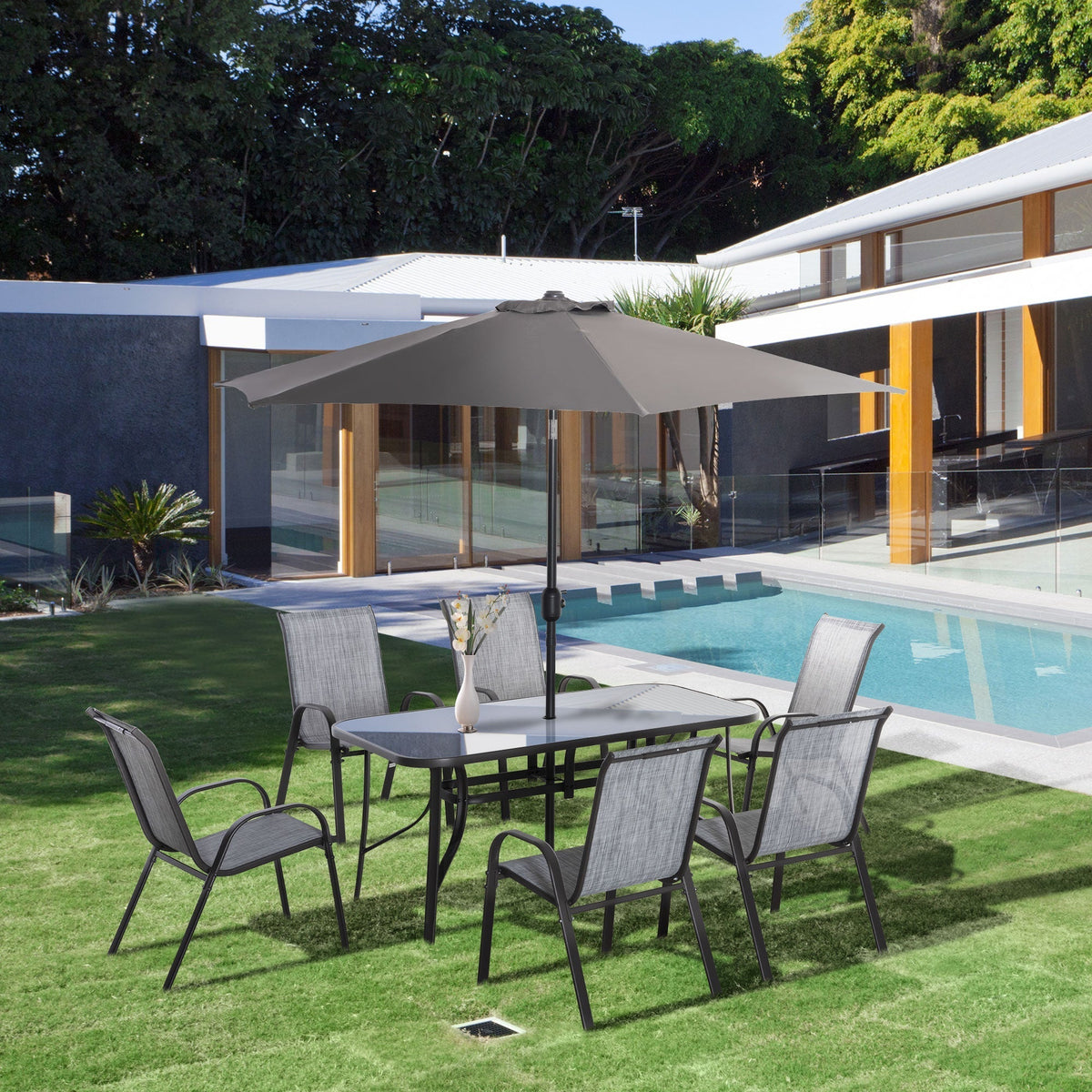 Outsunny 8 Pieces Patio Table and Chairs Set with 9 Ft Patio Umbrella, Gray - 84B-921CG