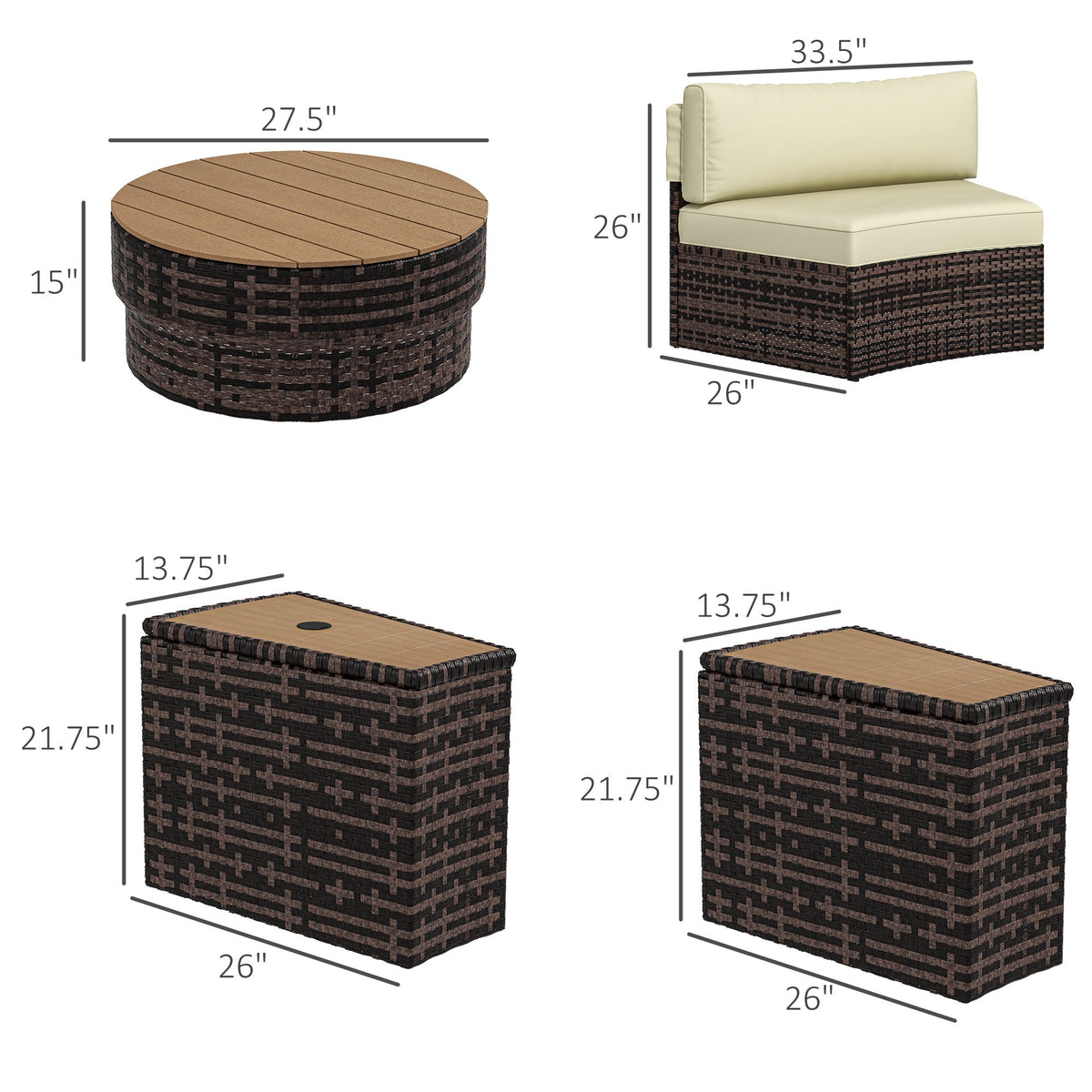 Outsunny 8PC Outdoor Conversation Set w/ 4 Rattan Sofa Chairs, 4 Tables & Umbrella Hole, Mixed Brown - 860-310V00MB