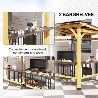 Outsunny 13' x 6' Wooden BBQ Grill Gazebo with Metal Roof 2 Bar Shelves and 6 Hooks, Natural - 84C-650V00ND