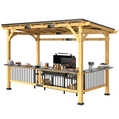 Outsunny 13' x 6' Wooden BBQ Grill Gazebo with Metal Roof 2 Bar Shelves and 6 Hooks, Natural - 84C-650V00ND
