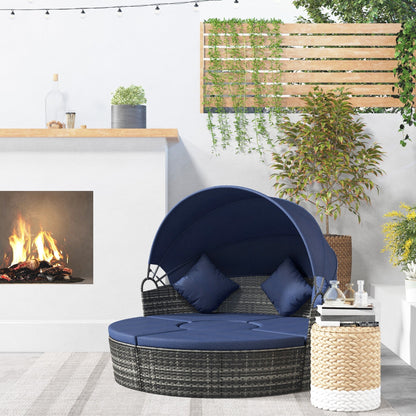 Outsunny 4-Piece Round Convertible Daybed with Adjustable Canopy, Sectional Sofa, 2 Chairs, Table, Dark Blue - 862-021V01DB