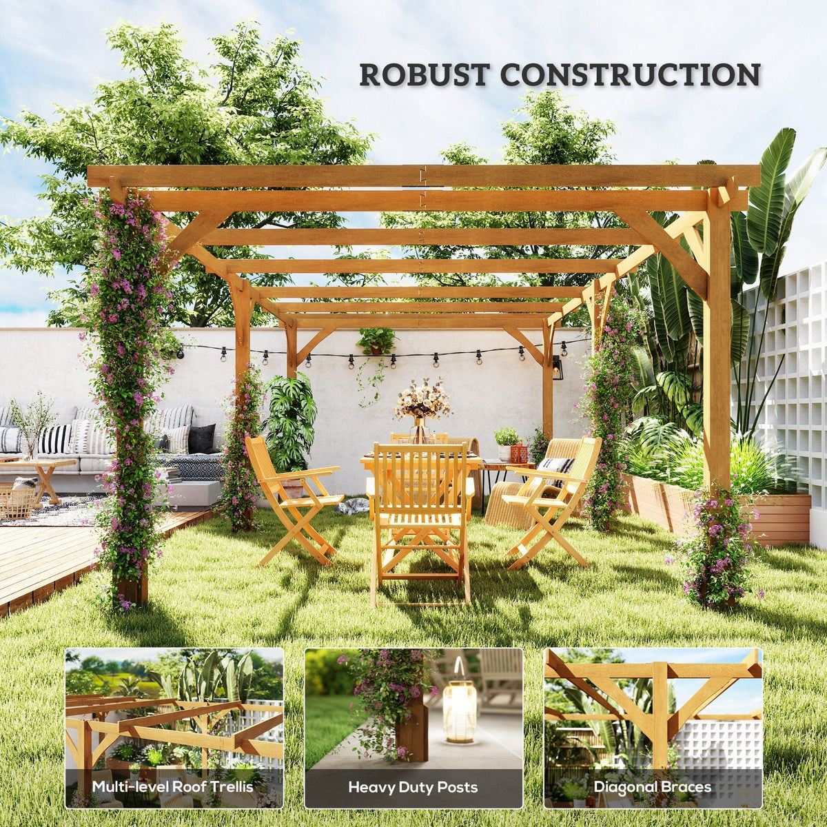 Outsunny 20' x 10' Wood Pergola with Sturdy Grape Trellis for Climbing Plants, Dark Brown - 84C-576V01DR