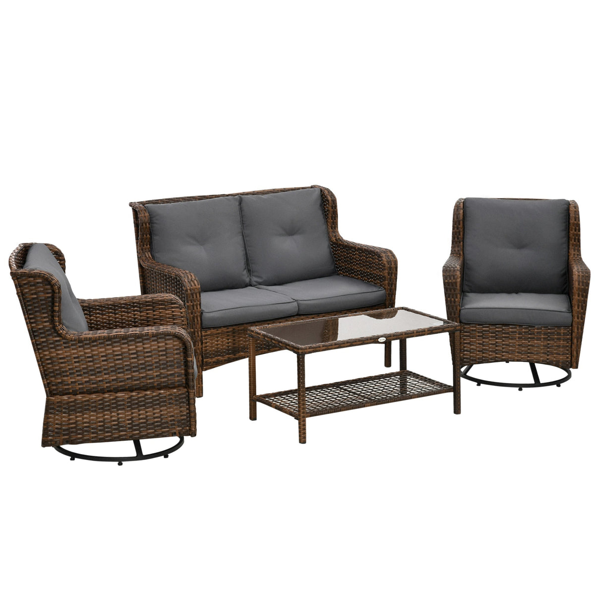 Outsunny 4 Piece PE Rattan Patio Furniture Set with 2 Swivel Rockers, 2-Tier Glass Table &amp; Loveseat, Gray - 860-257V00MB