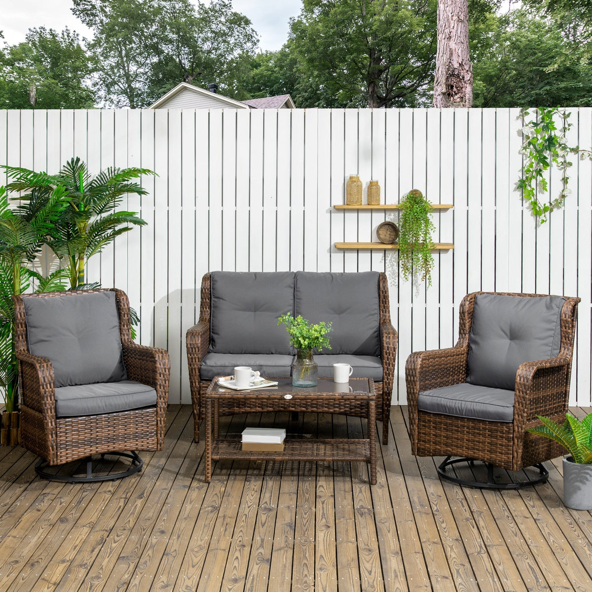 Outsunny 4 Piece PE Rattan Patio Furniture Set with 2 Swivel Rockers, 2-Tier Glass Table &amp; Loveseat, Gray - 860-257V00MB