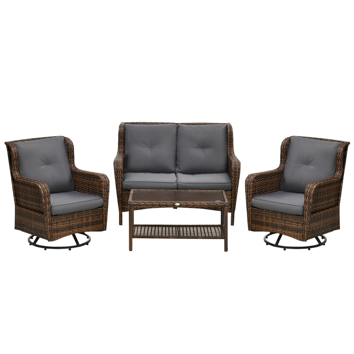 Outsunny 4 Piece PE Rattan Patio Furniture Set with 2 Swivel Rockers, 2-Tier Glass Table &amp; Loveseat, Gray - 860-257V00MB