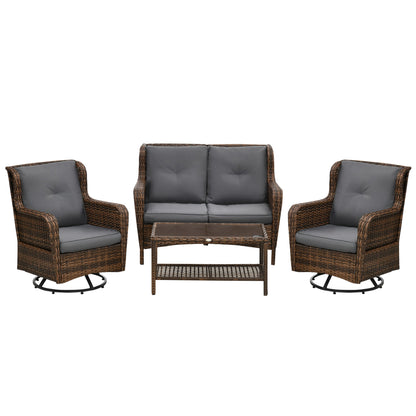 Outsunny 4 Piece PE Rattan Patio Furniture Set with 2 Swivel Rockers, 2-Tier Glass Table &amp; Loveseat, Gray - 860-257V00MB
