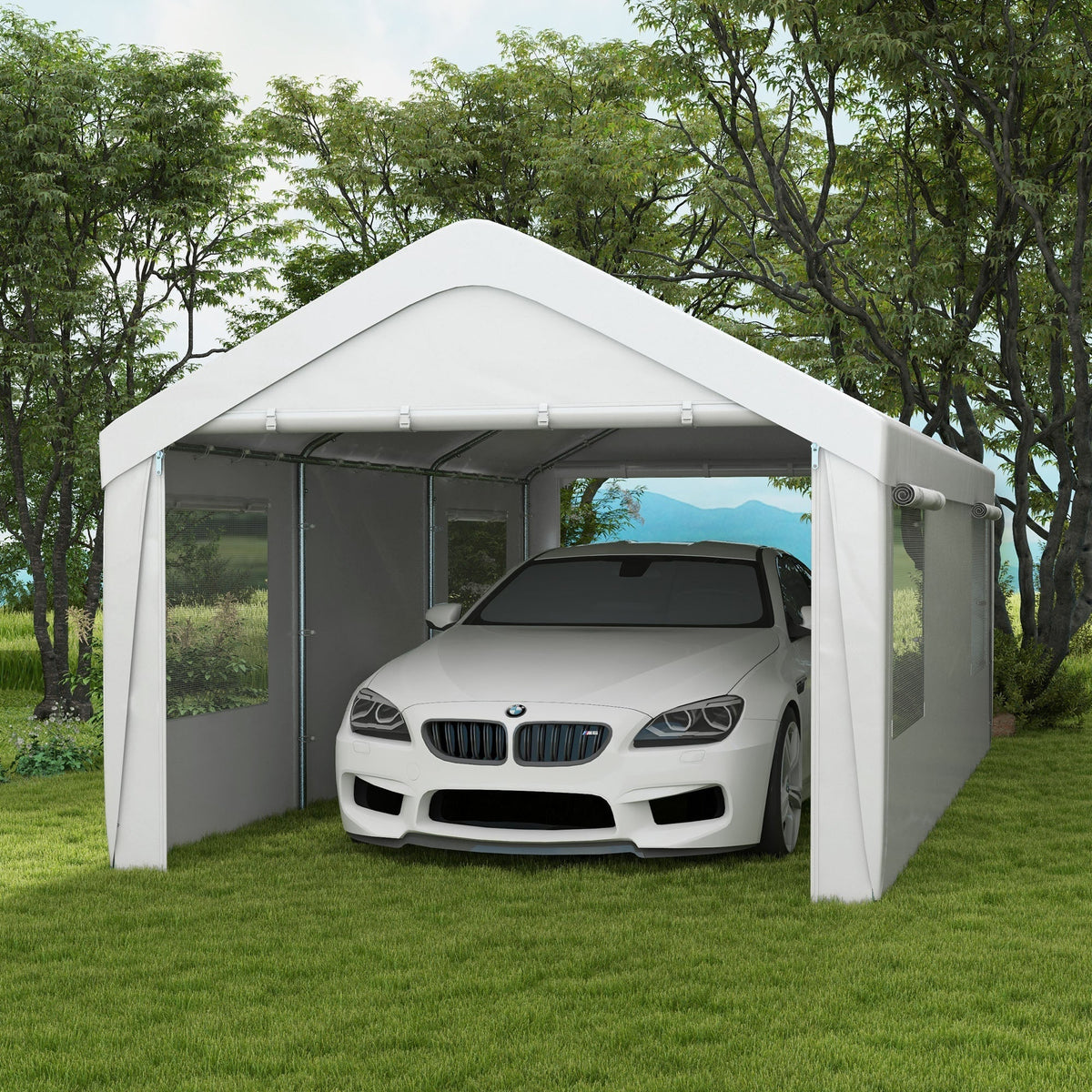 10' x 20' Heavy Duty Portable Garage with 4 Mesh Windows & 2 Doors, White - 84C-523V00WT