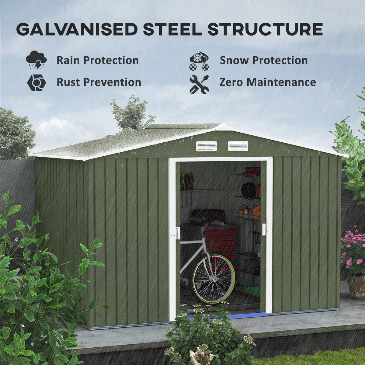Outsunny EverBase 9' x 6' Outdoor Storage Shed with Foundation Kit, Double Lockable Door & Air Vents, Green - 845-031YG