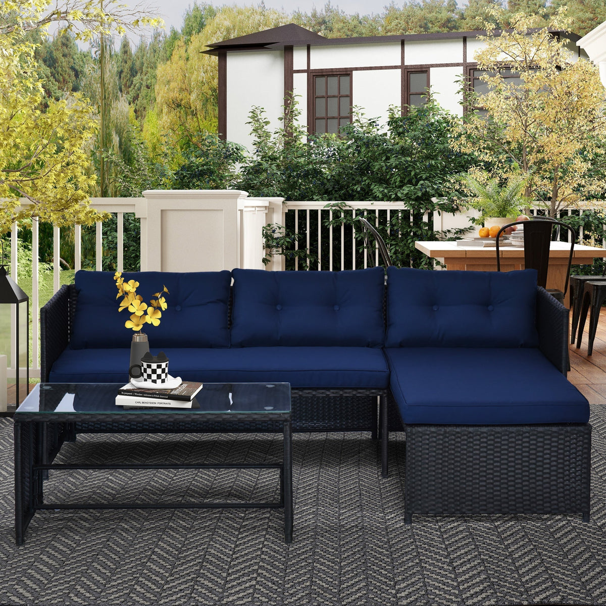 Outsunny 3 Piece Outdoor L-Shaped Rattan Patio Furniture Set with Sofa, Table and Cushions, Blue - 841-121BU