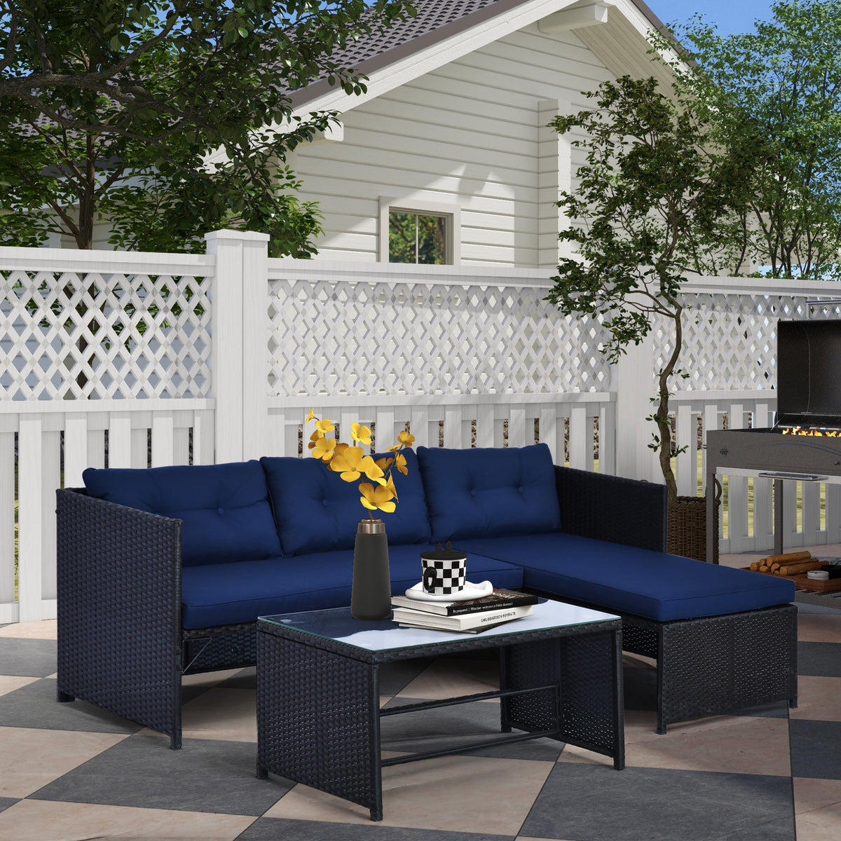 Outsunny 3 Piece Outdoor L-Shaped Rattan Patio Furniture Set with Sofa, Table and Cushions, Blue - 841-121BU