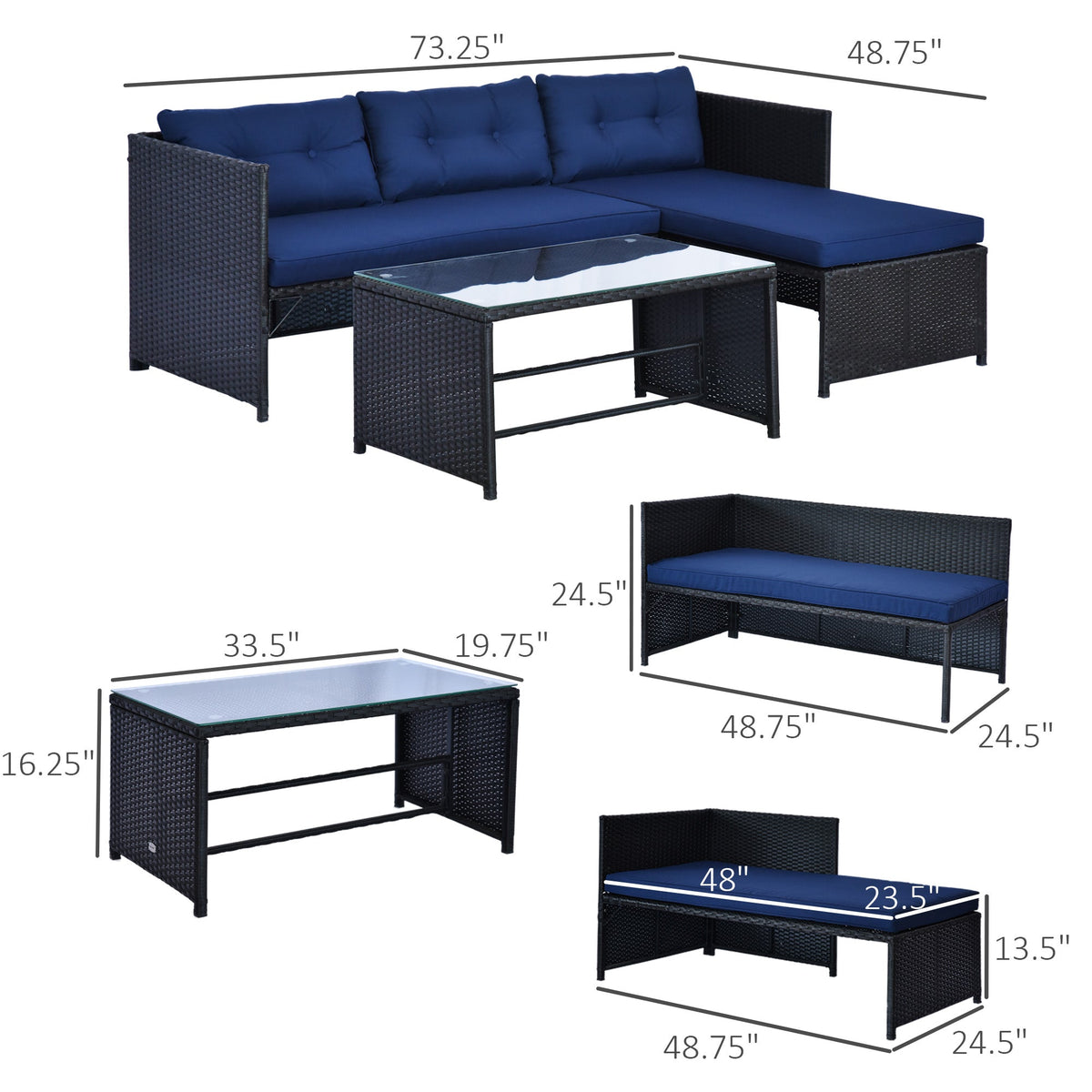 Outsunny 3 Piece Outdoor L-Shaped Rattan Patio Furniture Set with Sofa, Table and Cushions, Blue - 841-121BU