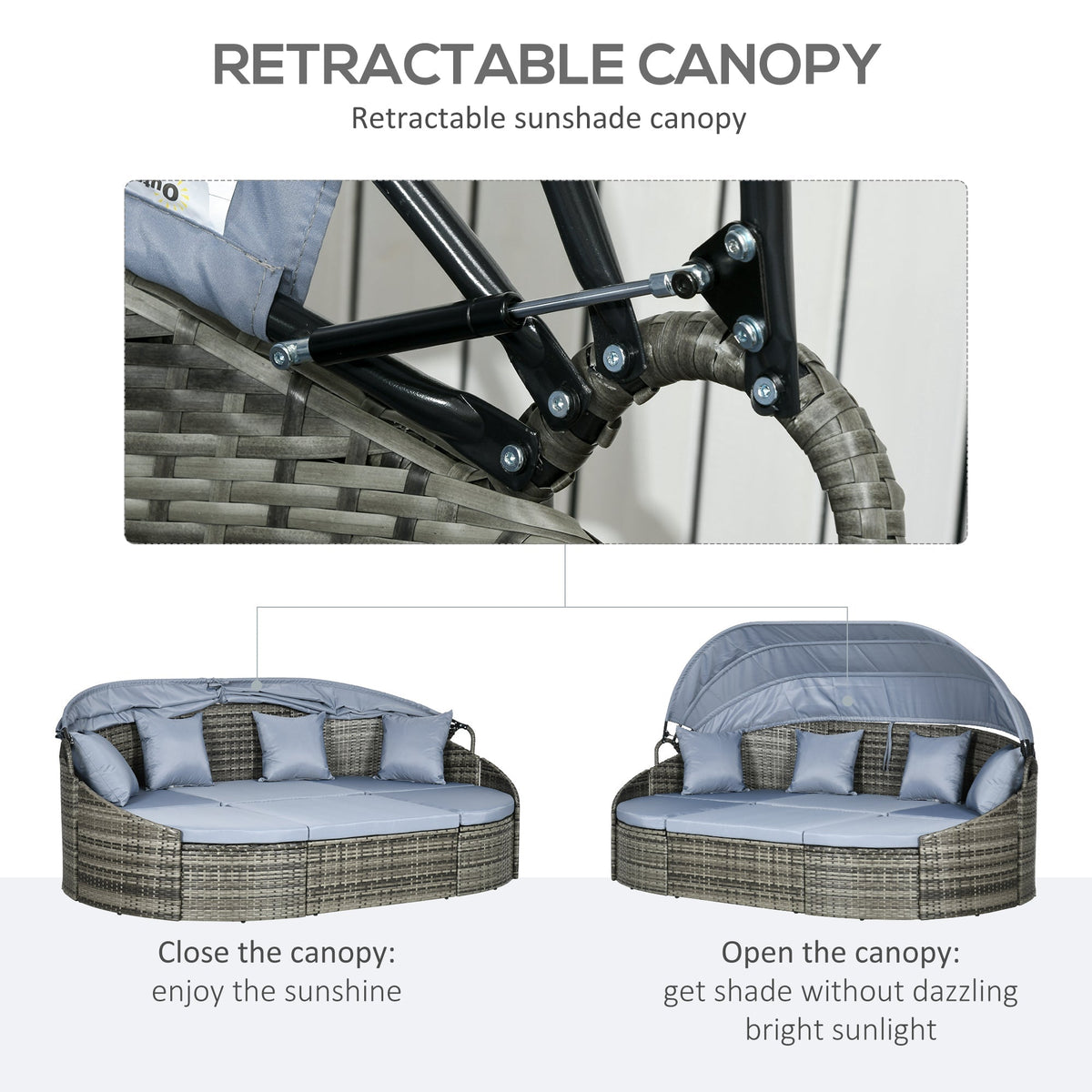 Outsunny 4-Piece Round Patio Daybed, Sectional Sofa with Canopy, Footrest, Table, Light Gray - 862-048V00GG