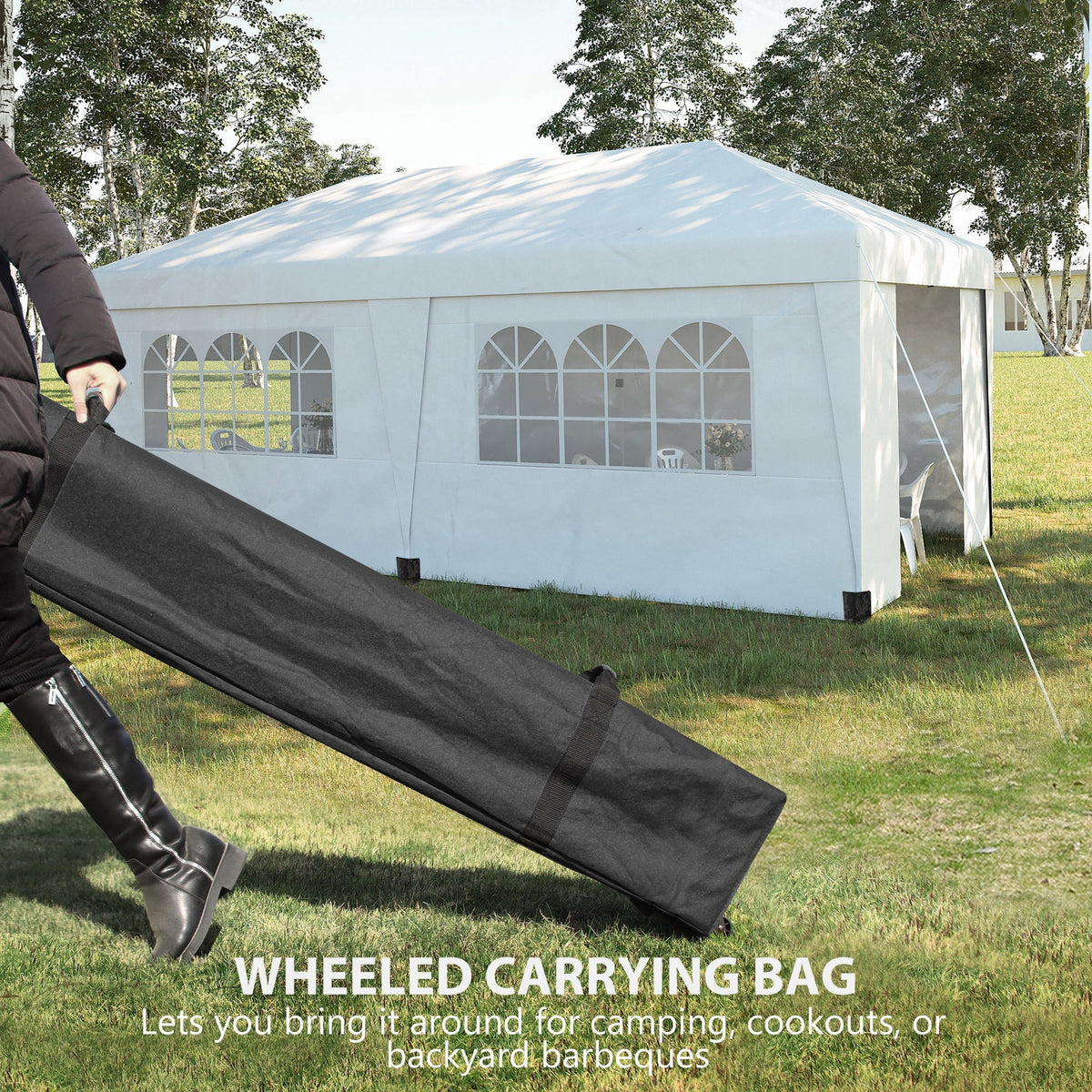 Outsunny 10' x 19.5' Pop Up Canopy Tent with Height Adjustable, Sidewalls, Weight Bags&Carry Bag, White - 84C-404V00WT