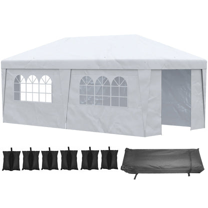 Outsunny 10' x 19.5' Pop Up Canopy Tent with Height Adjustable, Sidewalls, Weight Bags&Carry Bag, White - 84C-404V00WT