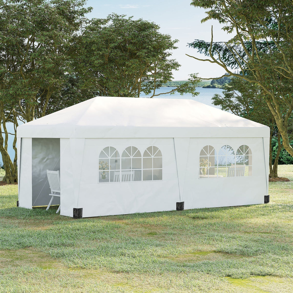 Outsunny 10' x 19.5' Pop Up Canopy Tent with Height Adjustable, Sidewalls, Weight Bags&Carry Bag, White - 84C-404V00WT