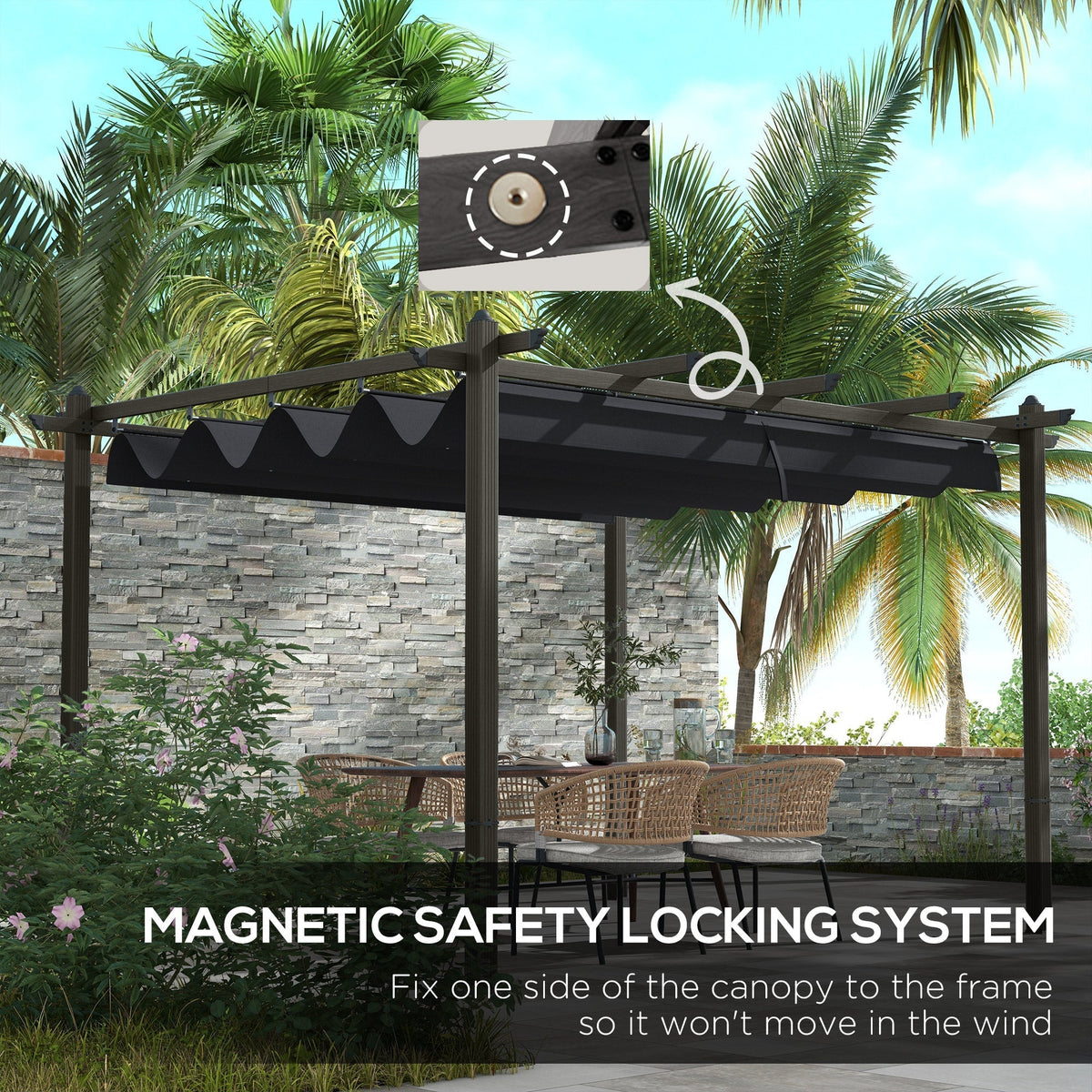 Outsunny 10' x 13' Retractable Pergola Canopy, Wood Grain Aluminum Frame, for Outdoor Shade Shelter, Gray - 84C-472V02GY